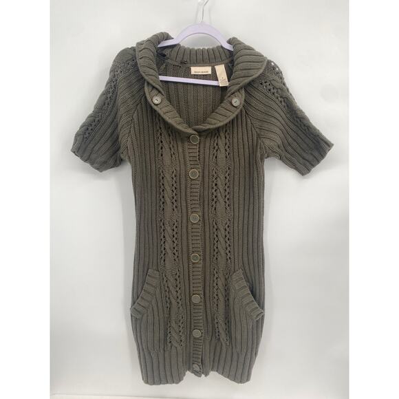 DKNY Long Olive Green Button Up Sweater Short Sleeve Collared Pockets Medium - Picture 2 of 9